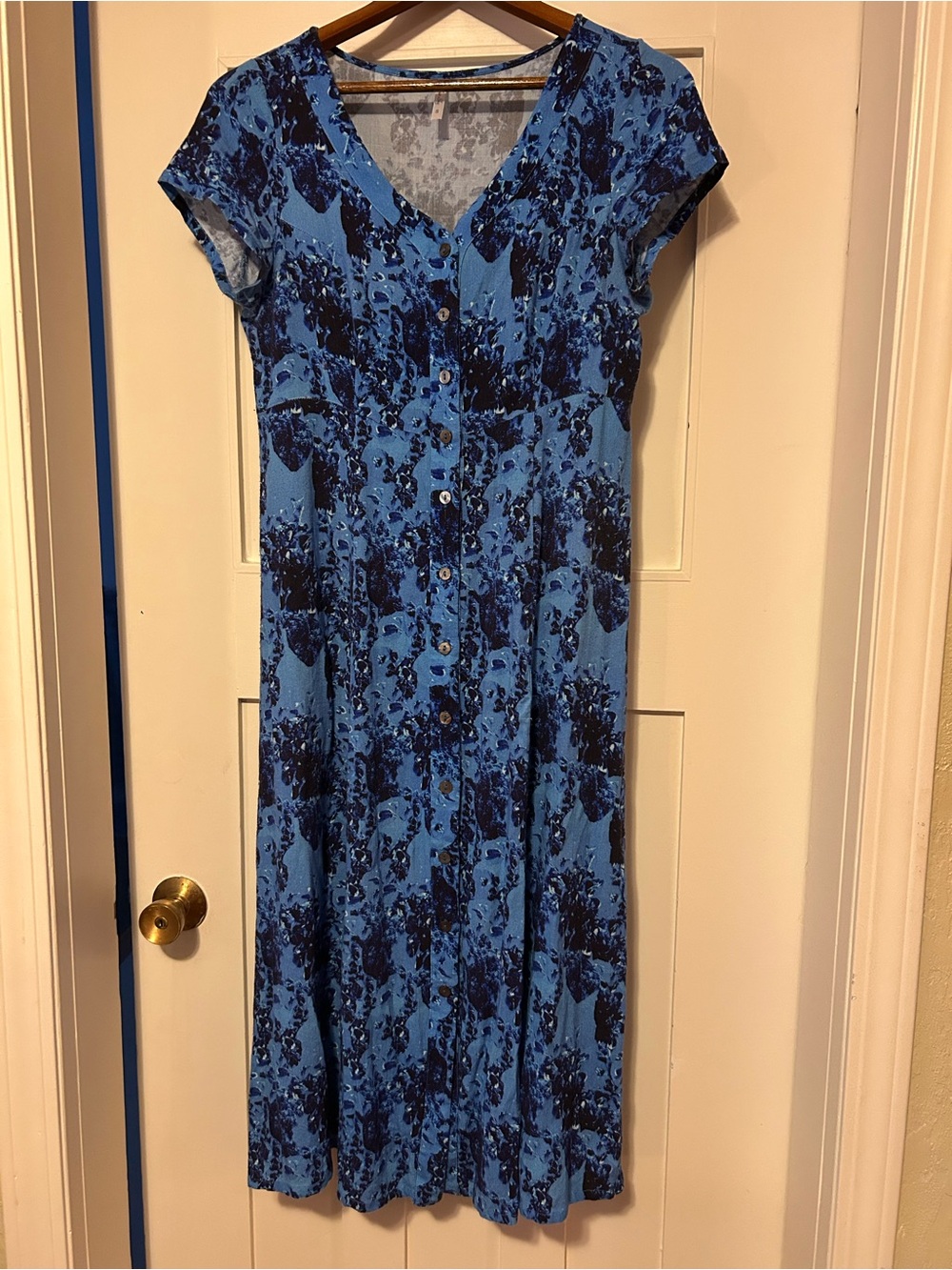 Blue Sky Blue and Navy Floral Button Midi Dress- Bamboo Linen